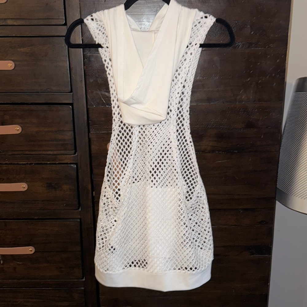 Sexy men’s sheer fishnet, white hooded tank top with pocket - Picture 8 of 9